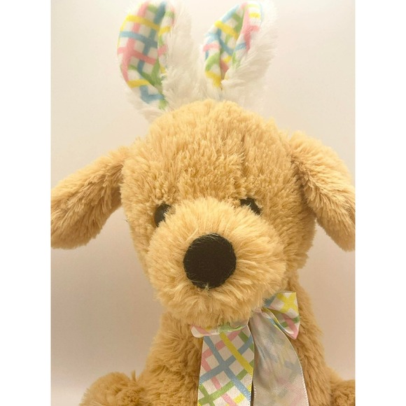 Hugfun International Easter Puppy Dog Plush Tan Bunny Ears Pastel Plaid Bow 2017 - Picture 4 of 12